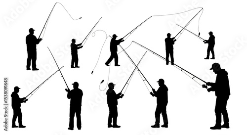 Silhouettes of Fishermen Casting Fishing Rods with Transparent Background