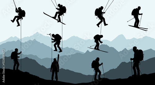 Silhouettes of Mountaineers and Skiers in Mountain Range