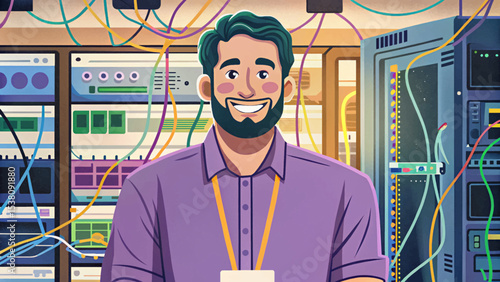 IT technician standing confidently in a data server room, representing modern technology support, network maintenance, cybersecurity, and professional IT infrastructure services