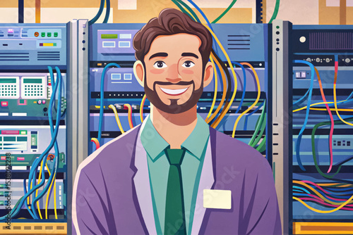 IT technician standing confidently in a data server room, representing modern technology support, network maintenance, cybersecurity, and professional IT infrastructure services