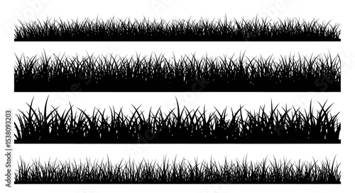 Four Black Silhouettes of Grass Borders, Different Styles