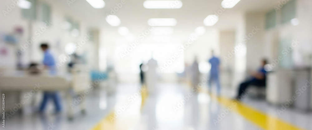Fototapeta premium Blurred hospital hallway with people and medical equipment in a bright setting.