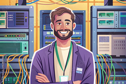 IT technician standing confidently in a data server room, representing modern technology support, network maintenance, cybersecurity, and professional IT infrastructure services