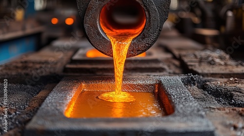 A steel mill with molten metal being poured into molds, high-energy production