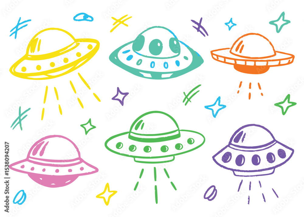 A playful vector set with summer beach and sea elements alongside quirky alien spaceships for your design A playful vector set with summer beach and sea elements alongside quirky alien spaceships for your design
