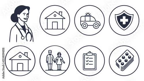 AI-Generated Healthcare Icons Doctor, House, Ambulance, Shield, Medical Illustrations