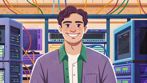 IT technician standing confidently in a data server room, representing modern technology support, network maintenance, cybersecurity, and professional IT infrastructure services