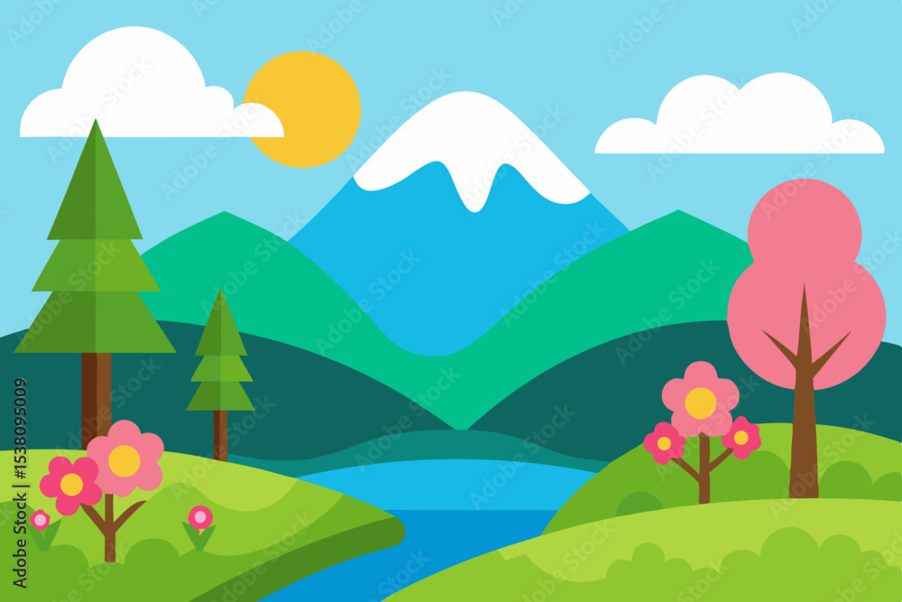 Fototapeta premium Flat design spring landscape with lake and mountains