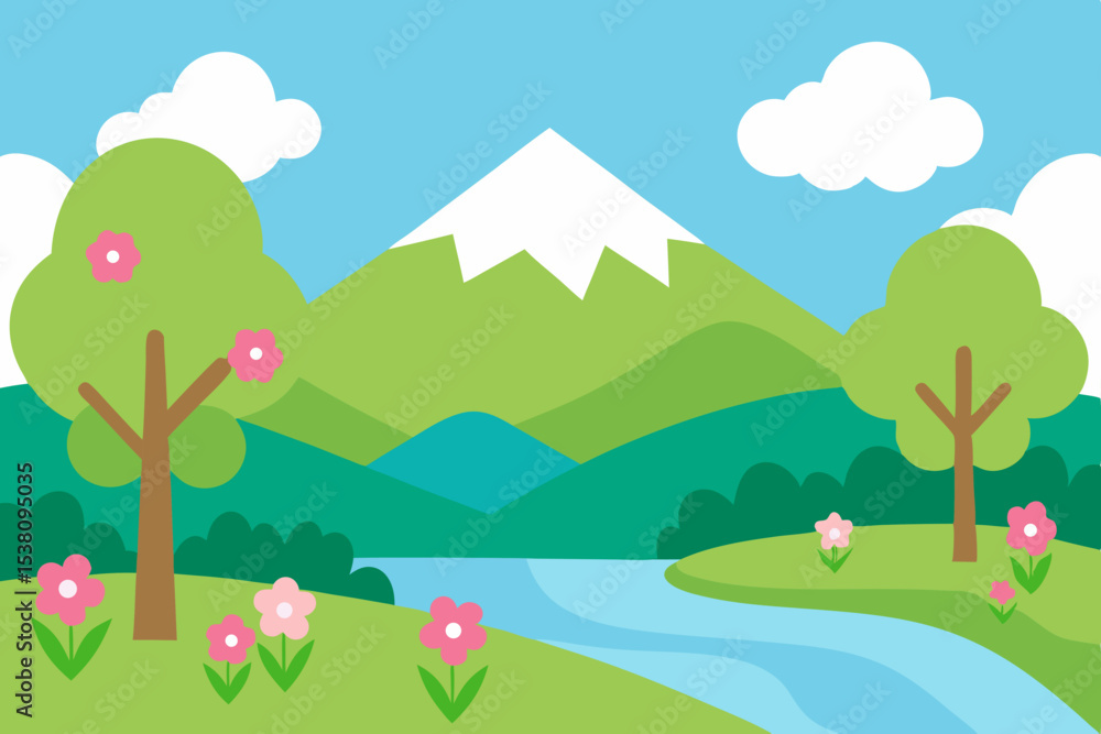 Fototapeta premium Flat design spring landscape with lake and mountains