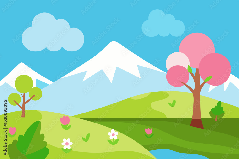 Fototapeta premium Flat design spring landscape with lake and mountains