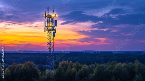 A captivating image of a cell phone tower at dusk, illuminated by soft lights, creating a beautiful contrast against the darkening sky.
