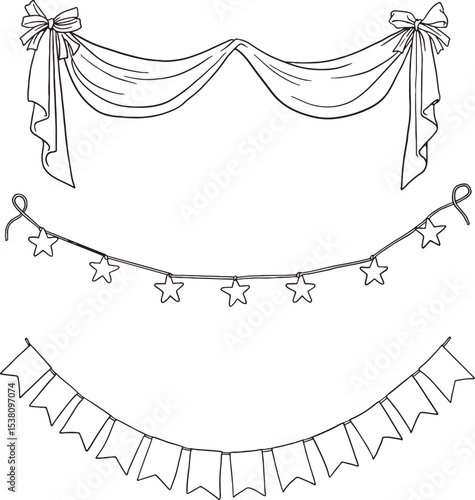 Versatile set of hand-drawn party decorations, including elegant drapes with bows, a string of star lights, and festive pennant banners. Perfect for celebrations, events, holidays.