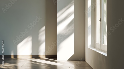 Fototapeta Naklejka Na Ścianę i Meble -  Ultra-detailed 3D rendering of minimalist interior with bright white wall and window casting soft sun rays and shadows on floor, clean empty space for product display, close-up
