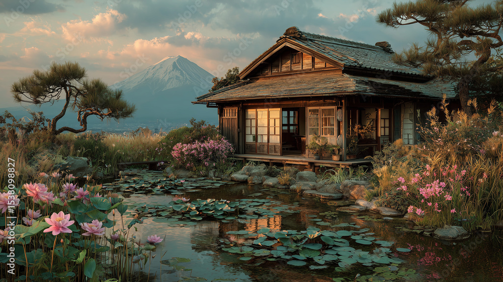 Obraz premium A wooden house japanese style and lotus pond , beautiful landscape and fuji mountain background.