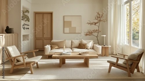 A chic Scandinavian-inspired living room with light wood furniture, a cozy sofa, and natural textiles, emphasizing simplicity and comfort.