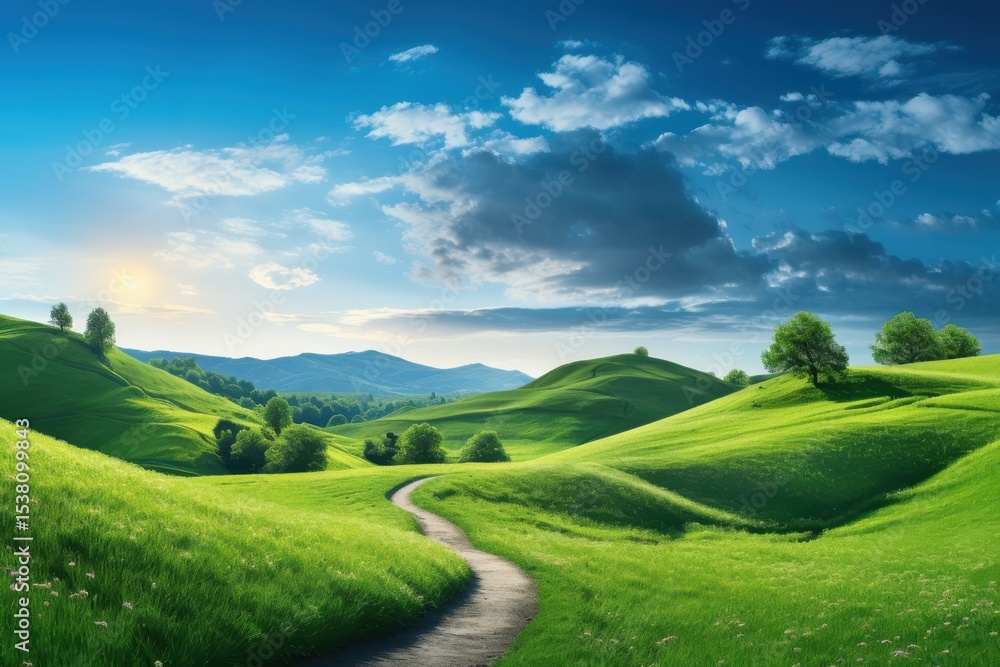 Beautiful rolling hills under a bright sky with clouds at sunrise over green landscape Beautiful rolling hills under a bright sky with clouds at sunrise over green landscape