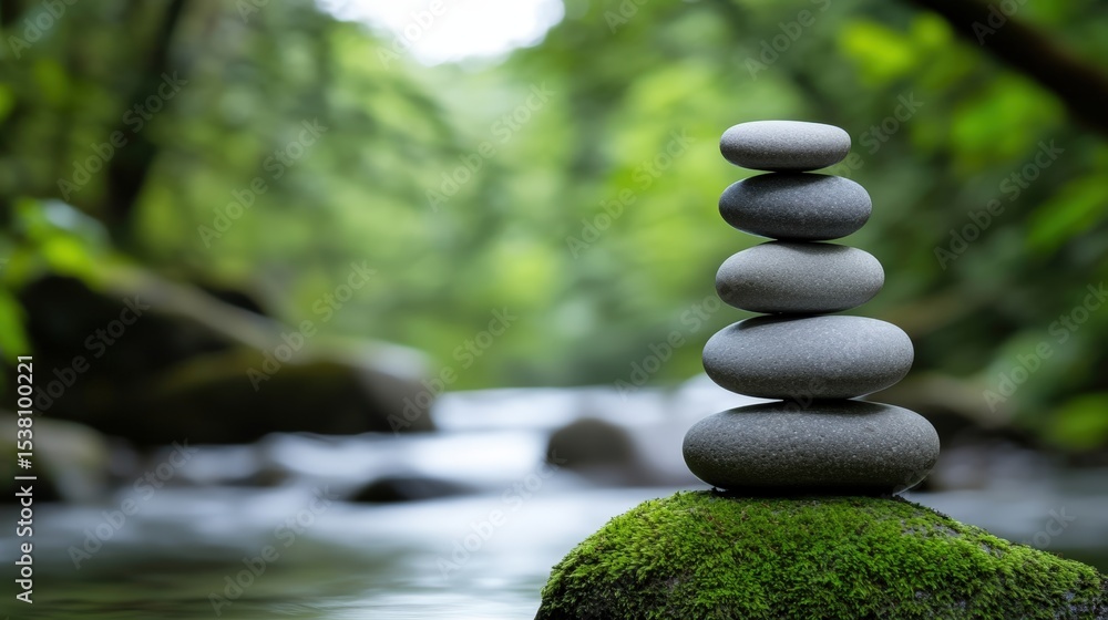 Smooth black stones stacked in balance on moss-covered rock beside a gentle river with lush green forest in the background. Smooth black stones stacked in balance on moss-covered rock beside a gentle river with lush green forest in the background.