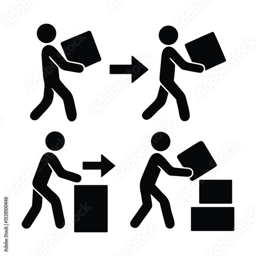 Package Handling and Delivery Process Icon Set  Stick Figure Silhouettes