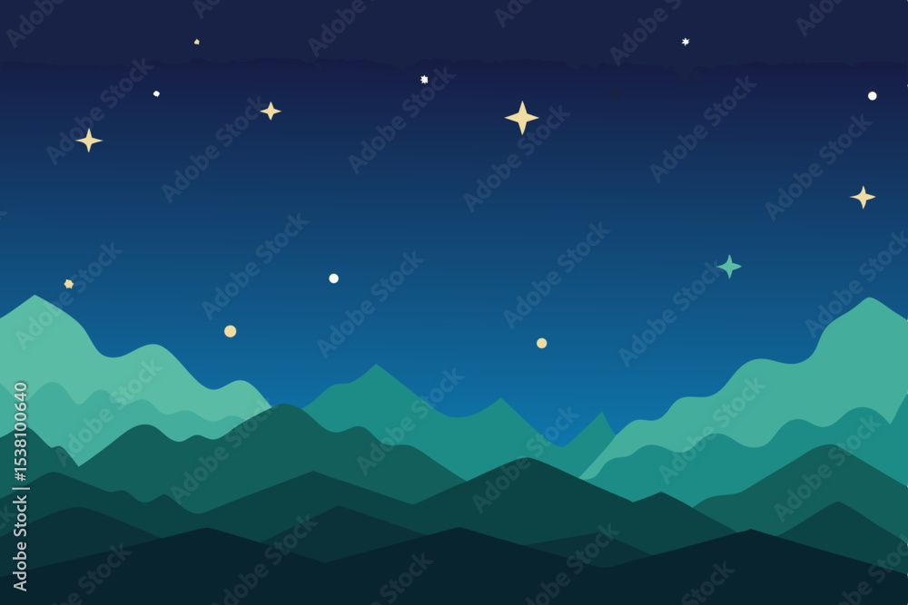 Fototapeta premium Serene night landscape with green mountains and stars