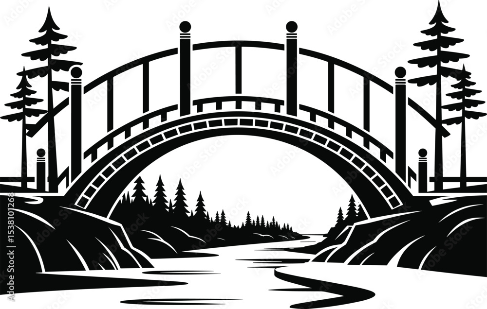 Obraz premium Scenic nature bridge illustration, arched wooden structure over river, pine tree forest background, black and white landscape vector, peaceful outdoor artwork, natural crossing design