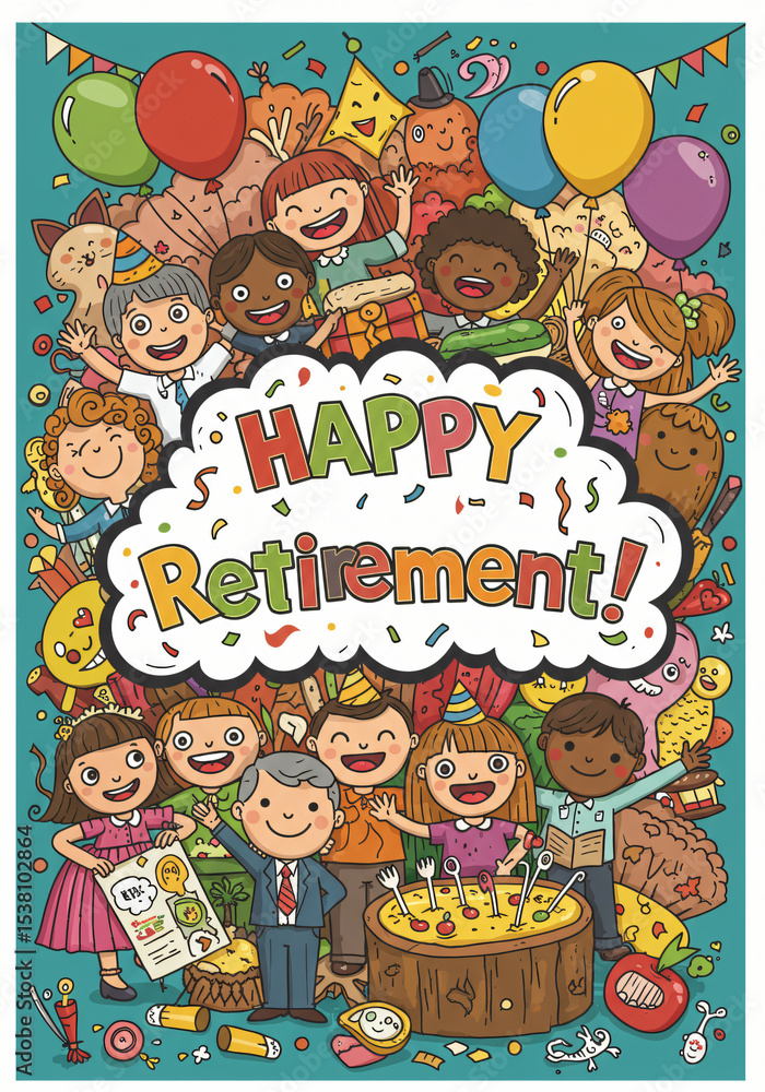 Obraz premium Retirement banner, fun cartoon illustration style, colorful doodles, smiling characters waving goodbye, balloons, confetti, playful bubble letters saying 