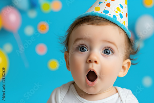 Excited baby with party hat celebrating birthday