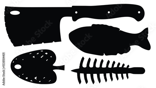 Vector silhouette illustration of butchery elements including a butcher knife fish fillet and fish bone on white