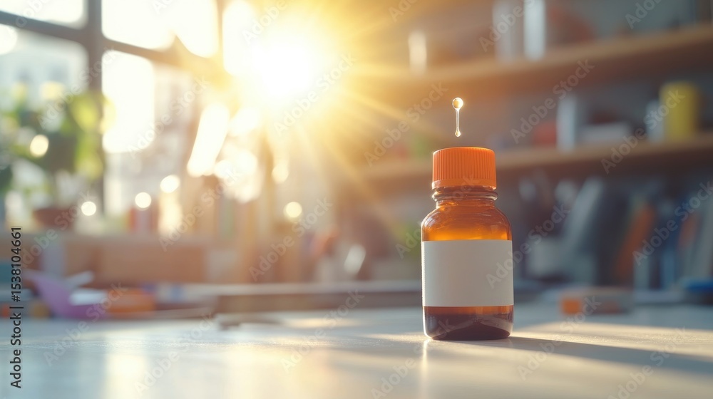 Amber glass bottle with orange cap on table Amber glass bottle with orange cap on table