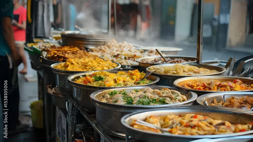 Buffet food trays with hot steaming dishes served at street market offering colorful appetizing selection of meals in vibrant food tray display Buffet food trays with hot steaming dishes served at street market offering colorful appetizing selection of meals in vibrant food tray display