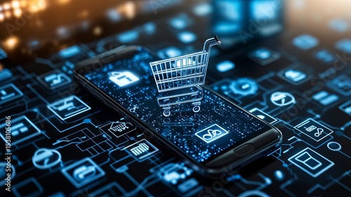 Smartphone with shopping cart app surrounded by digital tax icons and blocked by a virtual customs gate, symbolizing cross-border e-commerce, import tax, and online trade restrictions