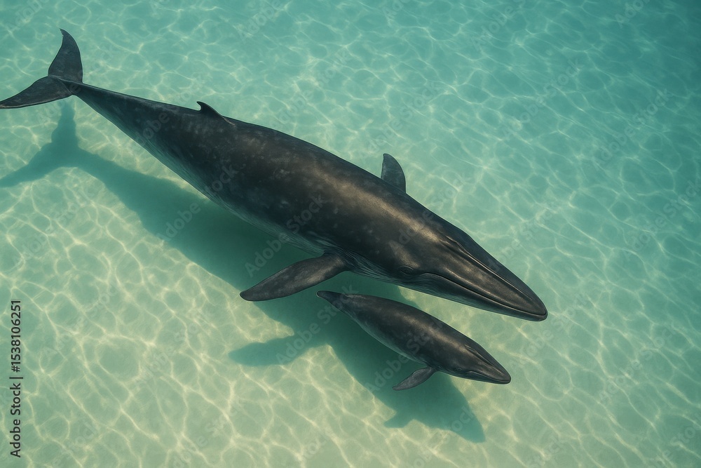 Obraz premium Omura's Whale Mother and Calf in Shallow Tropical Waters, Aerial View