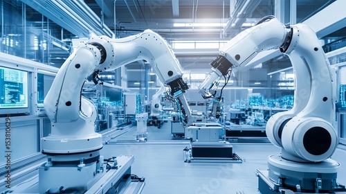 Advanced robotic arms in a smart manufacturing factory assembling high-tech machinery in a clean blue-toned environment showcasing futuristic industrial automation technology.