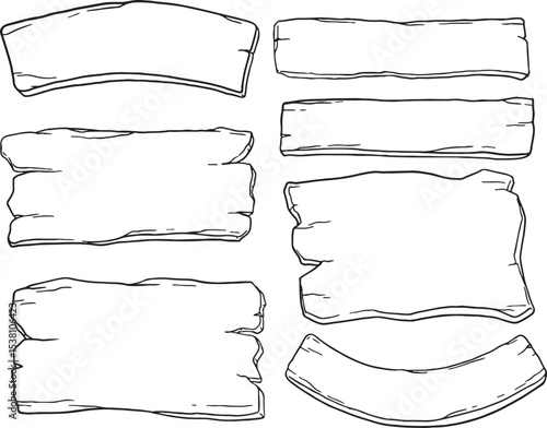 Collection of hand-drawn wooden signs and pointers, perfect for rustic, vintage, or adventure-themed designs. Ideal for game interfaces, maps, labels, and informational displays.