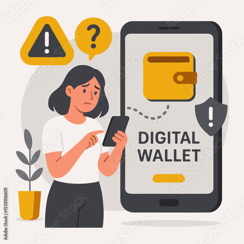 Digital wallet error and online payment failure concept – woman confused by mobile wallet issue, warning signs and security alerts in fintech app vector illustration