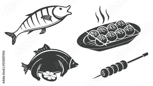 Delicious seafood illustrations including fish dishes and skewered appetizers representing food illustrations