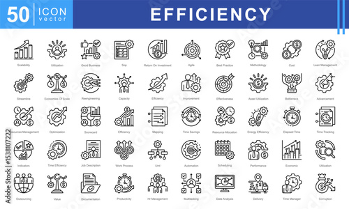 Icon set representing key concepts in Business Efficiency, resource utilization, time management, process improvement, and performance optimization.