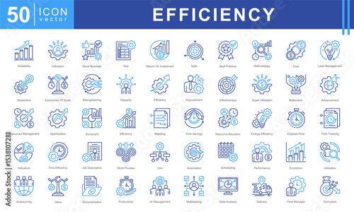 Icon set representing key concepts in Business Efficiency, resource utilization, time management, process improvement, and performance optimization.
