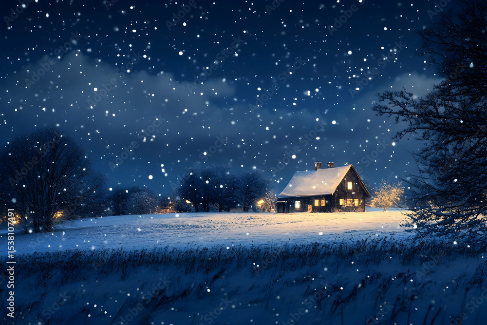 House in snowy landscape under starry night sky with trees and light. House in snowy landscape under starry night sky with trees and light.