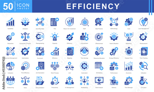 Icon set representing key concepts in Business Efficiency, resource utilization, time management, process improvement, and performance optimization.