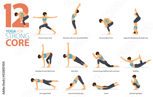 12 Yoga poses or asana posture for workout in strong core concept. Women exercising for body stretching. Fitness infographic. Flat cartoon vector.