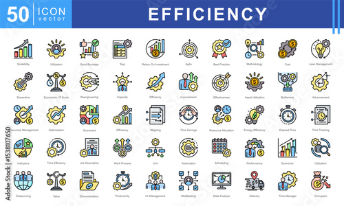 Icon set representing key concepts in Business Efficiency, resource utilization, time management, process improvement, and performance optimization.