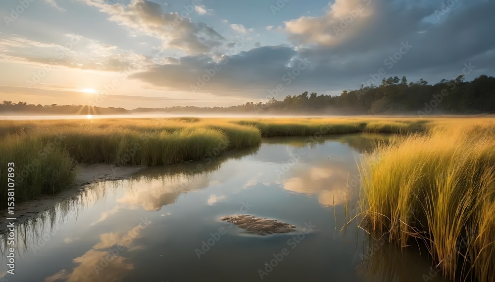 Fototapeta premium Serene landscape featuring a tranquil river flowing through a grassy field at sunrise or sunset