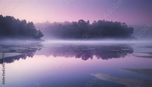 Wallpaper Mural A serene landscape featuring a misty lake with trees reflected under a pastel purple sky at twilight Torontodigital.ca