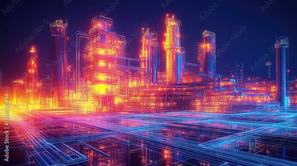 Fototapeta premium A glowing AI-generated industrial landscape, a vision of the future 