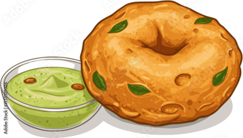 Vector Illustration of Indian Snack, Vada or Vadai with chutney
