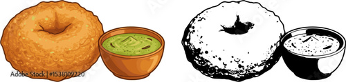 Vector Illustration of Indian Snack, Vada or Vadai with chutney
