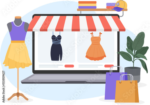 online shopping banner with clothes in cartoon style. Suitable for e commerce, digital sales, and fashion store promotions. White background.