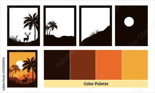 Beautiful sunset deer scene papercut template in layered vector format