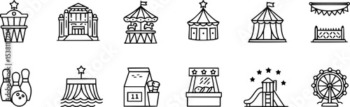 Entertainment Vector Icon Set | Adjustable Line Weight | Bowling, theater, cinema, carousel, arcade, circus, amusement park, playground, magic, pool, rides, leisure, fun icons