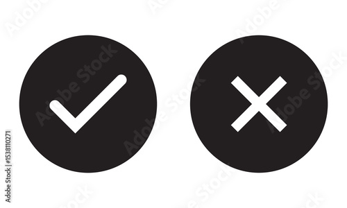 check mark icon button set. check box icon with right and wrong buttons and yes or no checkmark icons in green tick box and red cross. 